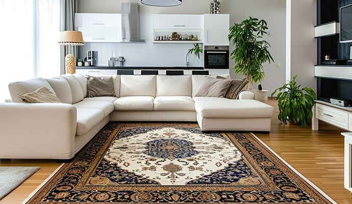 A beautiful living room with an european rug