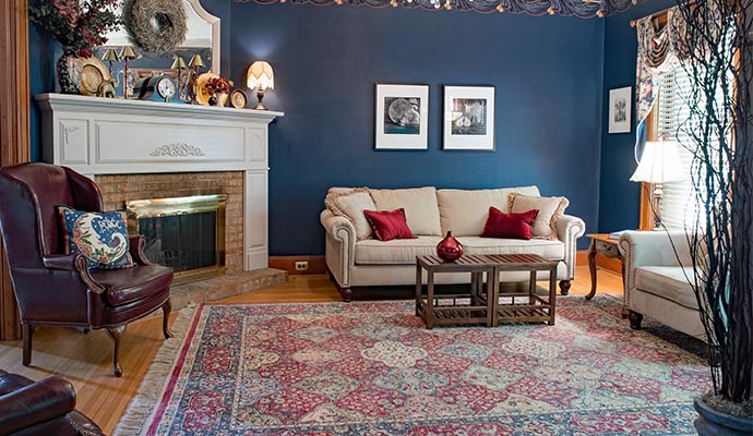 A cozy seating area with decorative rugs on the floor