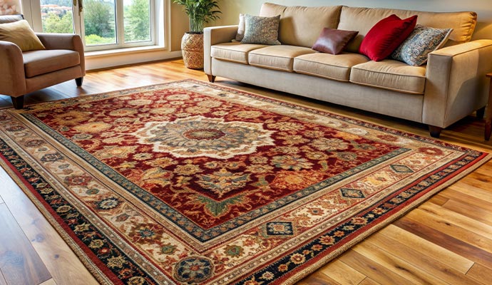 A traditional rug placed on the wooden floor of the living room