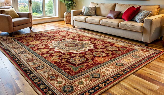 Burgundy oriental rug in a living room