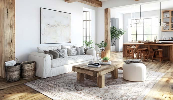 Modern living room with a white sofa and contemporary patterned area rug
