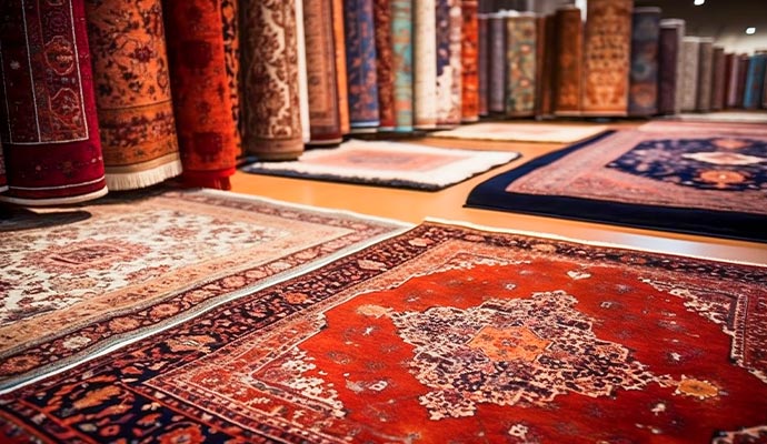 Custom oriental rugs displayed in showroom storage