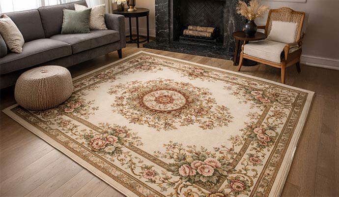 Clean european rug is placed on the floor in a modern living room setting