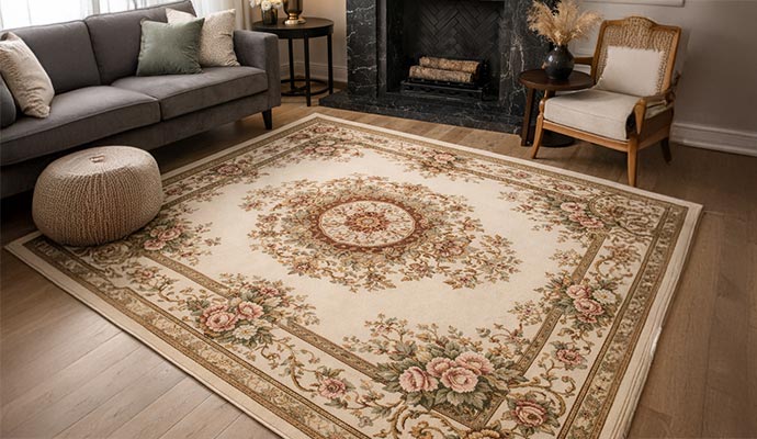 European rugs placed in front of fire place