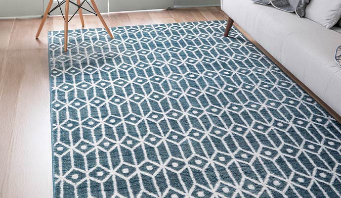 Clean geometric area rug on a light hardwood floor