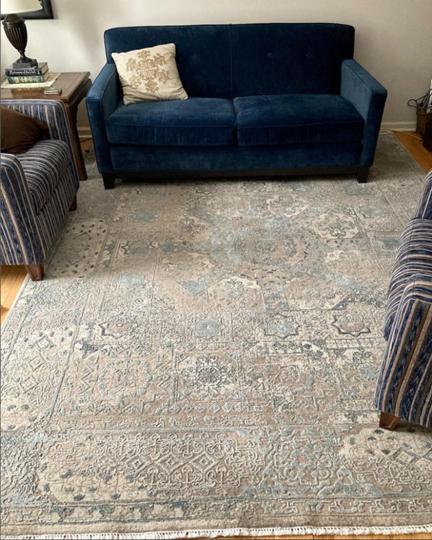 Taupe and Blue accented Transitional rug in living room