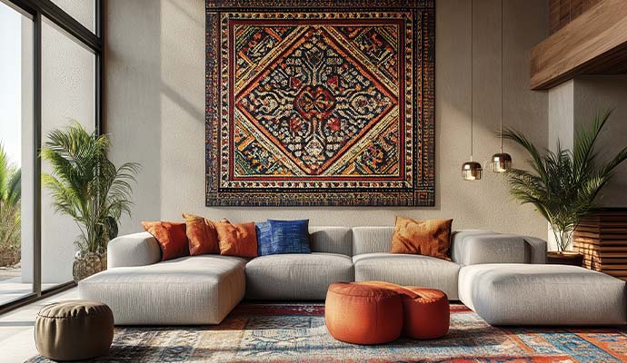 Living room with a geometric wall tapestry