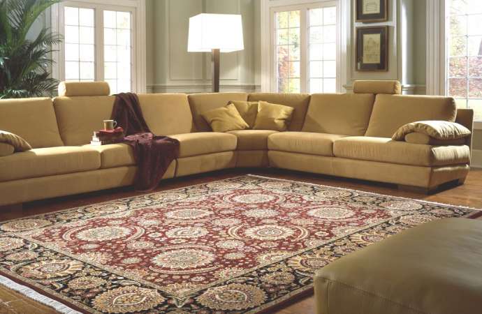 A living room with persian rug
