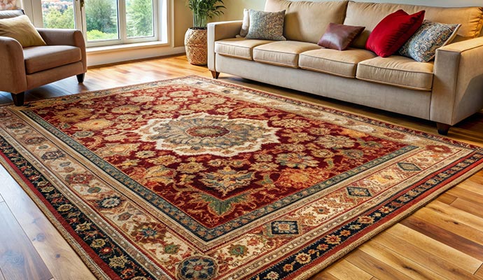 Oriental rug on wooden floor Oriental rug on wooden floor