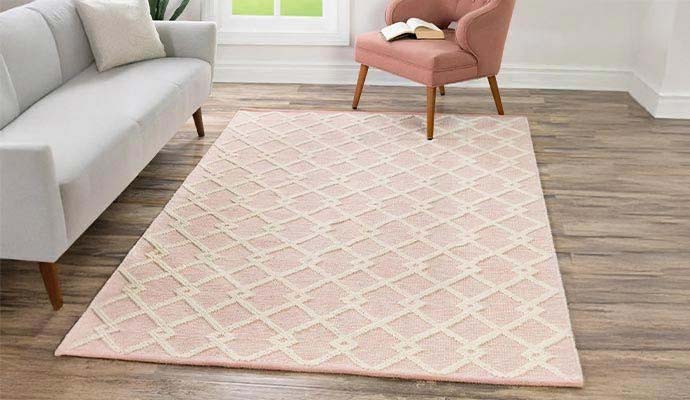 Pink geometric rug in a living room