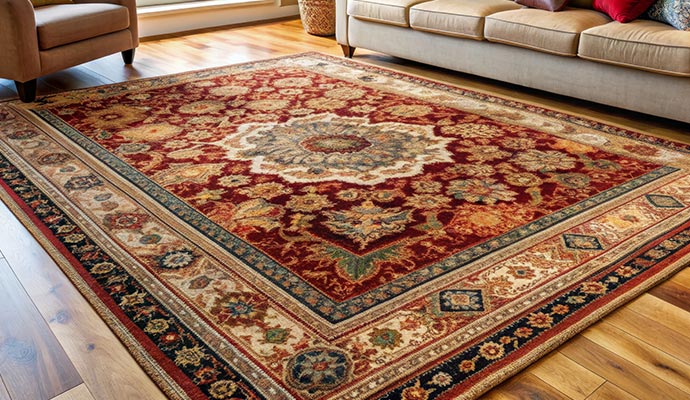 A beautiful rug placed on wooden floor