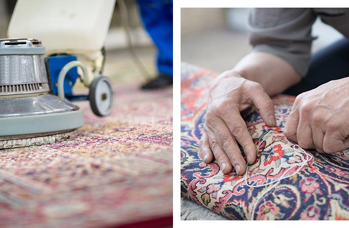 Skillful worker cleaning and repairing a rug.